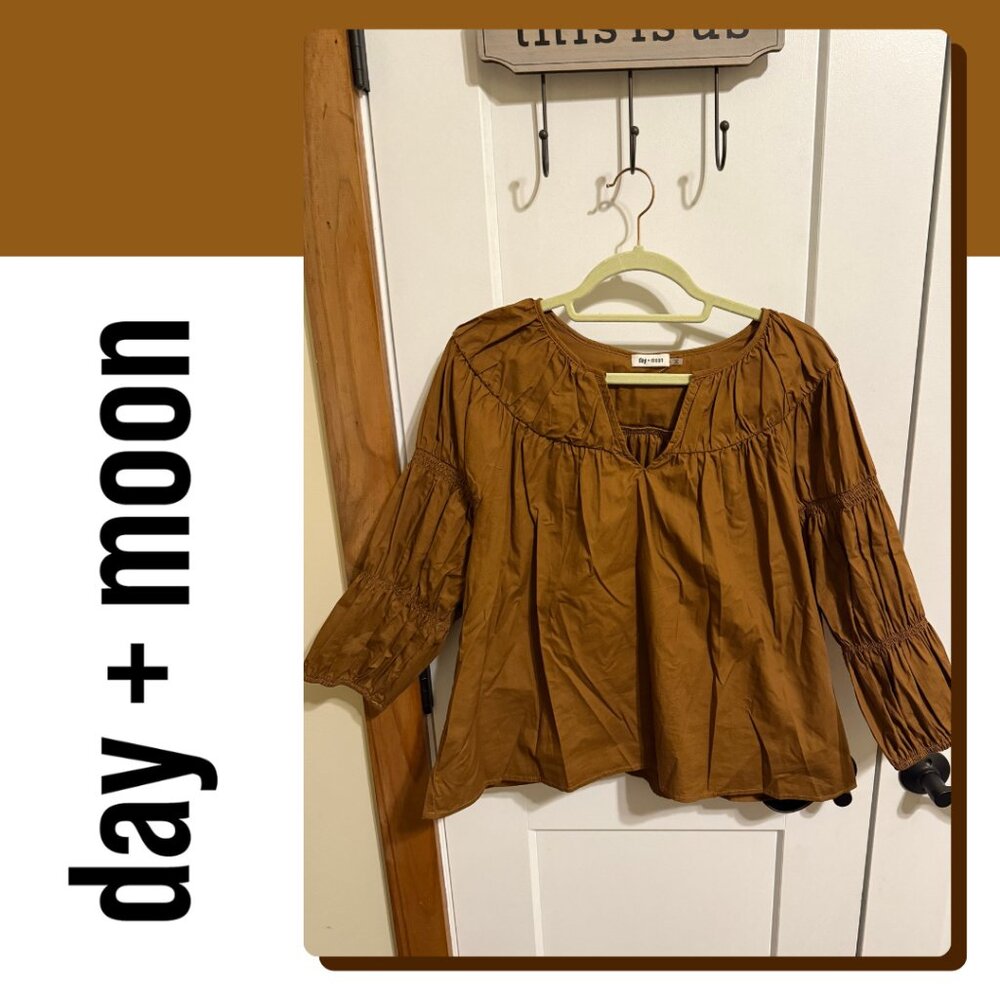Day + Moon Boutique Peasant Blouse Brown Boho Top Size L